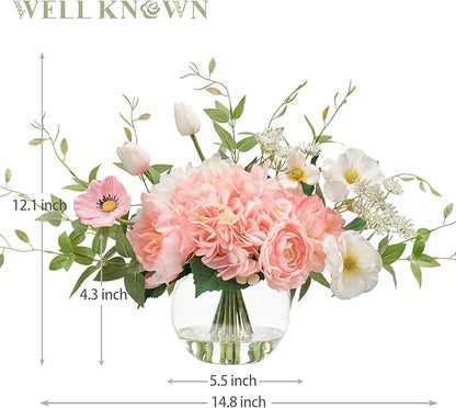 Artificial Flowers in Vase, WELL KNOWN Fake Silk Peony Tulip Hydrangea Pink & White Flower Bouquet Arrangement with Faux Water Centerpieces, Fake Flowers for Home Wedding Dining Table Party Decor Gift