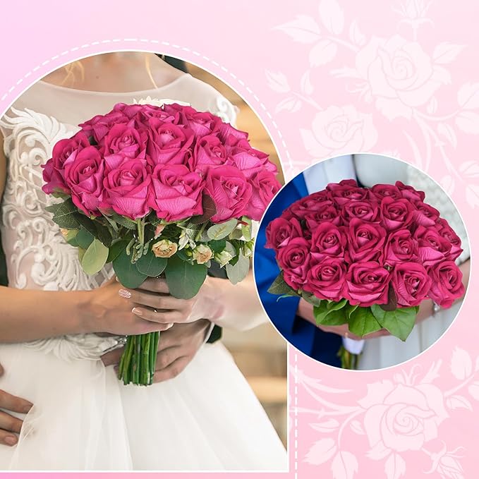 30pcs Silk Roses Artificial Flowers Hot Pink Fake Rose with Long Stem for Arrangement Wedding Party Home Decoration