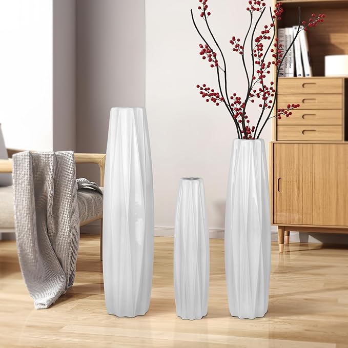 White Ceramic Floor Vase 17.7 Inches Tall, Large Floor Vases for Office,Farmhouse,Living Room Modern Home Décor,Simple Origami Design Fall Decorative Porcelain Flower Arrangement Vase Ideal Gift