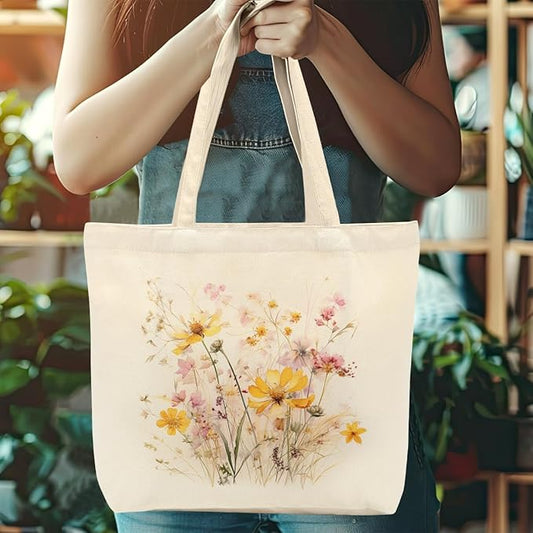 Aesthetic Floral Canvas Tote Bag for Women with Pocket, Tote Bags for Grocery Shopping Travel Christmas Birthday