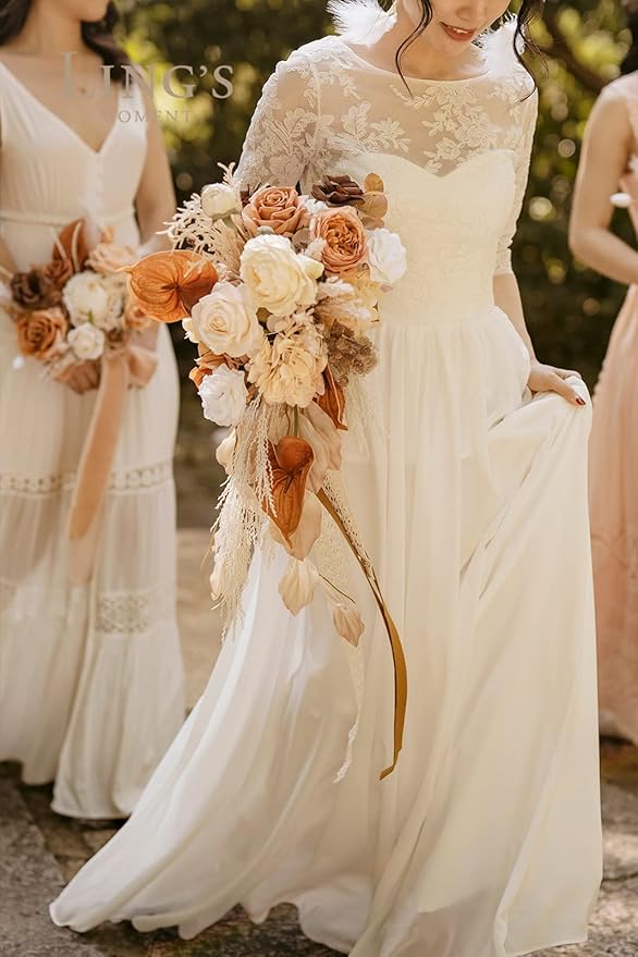 Ling's moment Boho Bridal Bouquet Cascading, Rustic Wedding Bouquets for Bride, 15 Inch Silk Fall Artificial Wedding Flower Bouquet