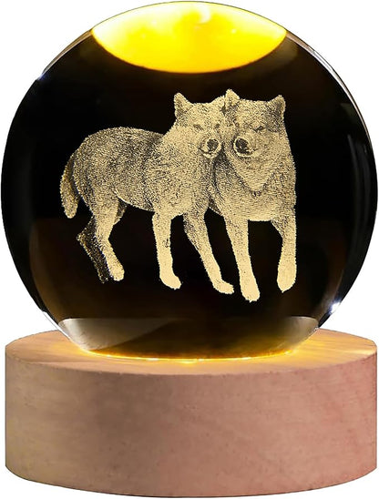 3D Wolf Crystal Ball with LED Light Base, 60mm Glass Sphere Decorative Balls, Wolf Figurine Lamp Gifts for Women Kids