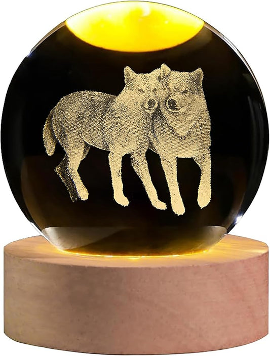 3D Wolf Crystal Ball with LED Light Base, 60mm Glass Sphere Decorative Balls, Wolf Figurine Lamp Gifts for Women Kids
