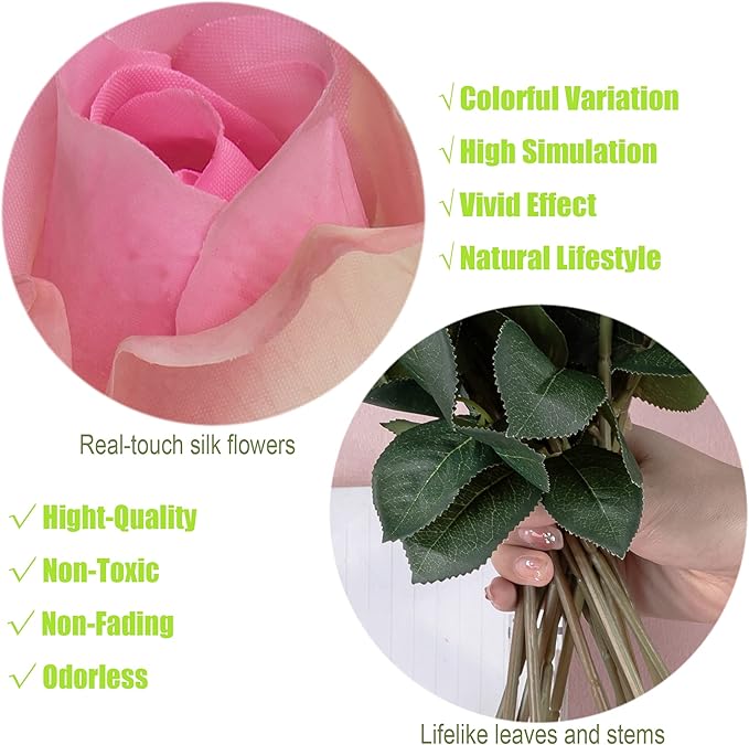 12pcs Half Opened Artificial Rose Buds,17 Inch Real Touch Silk Roses with Partially Opened Flowers, Artificial Flower for Home Décor Centerpiece Wedding Bouquet,Pink