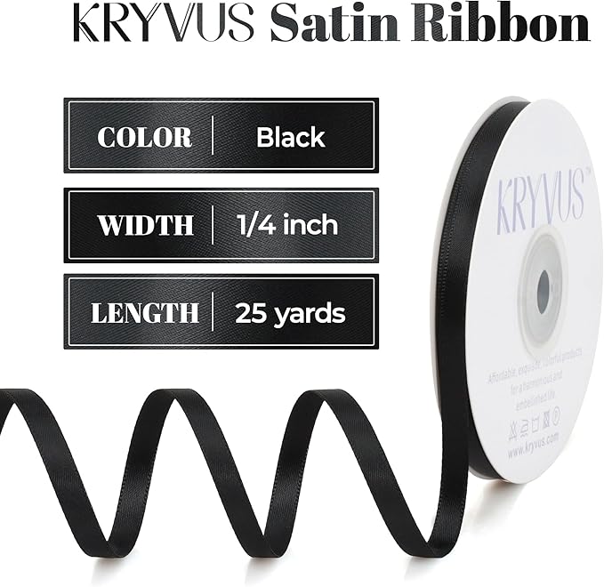 Black Satin Ribbon, Double Faced 1/4 Inch X 25 Yards Black Ribbon, Premium Satin Ribbon for Gift Wrapping, Crafts, Hair Bow Making, Sewing, Flower Bouquet, Wedding Party Decor