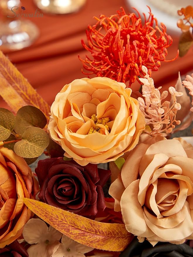 Serwalin Fall Flowers Vintage Orange & Black Artificial Flowers Halloween Black Wedding Flowers Combo for Wedding Bouquets Centerpieces Flower Arrangements Decorations