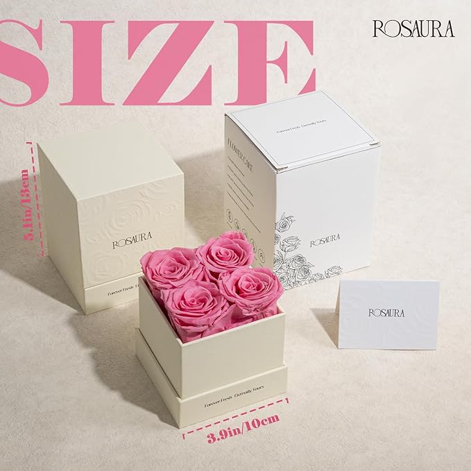 Rosaura 4-Piece Eternal Preserved Roses & Flowers Gift Box - Forever Lasting Real Roses, Preserved Flowers for Christmas, Valentine's Day Pink