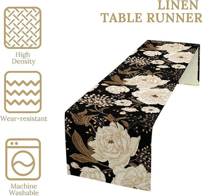 Vintage Flowers Table Runner,Black Gold Peony Rose Print Table Runner for Home Kitchen Table Dining Indoor Outdoor Party Decor 13x70 Inch