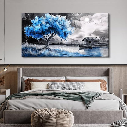 PHAOHUAXM Large Wall Art For Living Room Blue Wall Decor For Bedroom Black White And Blue Trees Wall Pictures Restaurant Office Frame Printing Canvas Large Artwork Modern Home Decoration 30x60 in