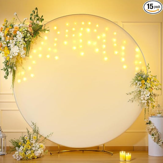 6.6 FT Ivory Round Backdrop Cover with Lights String for Circle Arch Stand Circle Backdrop Covers with LED Fairy Lights for Wedding Arch Baby Shower Birthday Party Photo Shoot Photography Background