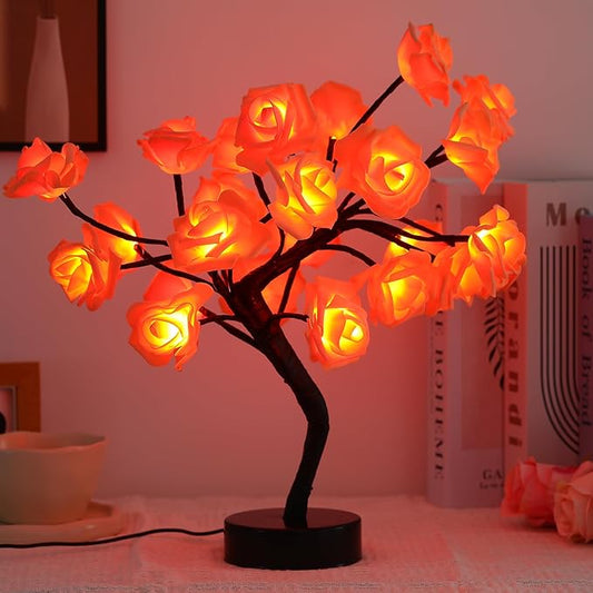 Drawelry Rose Flower Tree Lamp - LED Rose Tree Table Lamp USB/Battery Powered Artificial Bonsai Flower Night Light for Bedroom Living Room Party Wedding Birthday Decor (Orange)