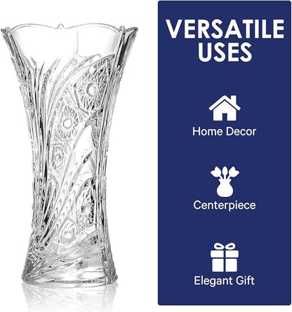 CS Crystal Vase 12-inch high, Sunflower Design, for Flowers & Decor. Lovely Nice Shiny Piece. Perfect as a Gift, Suitable for All Occasions.