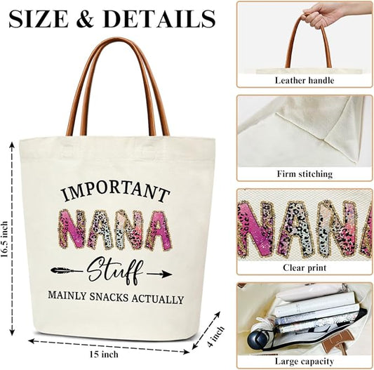 Canvas Tote Bag for Women, Important Stuff Bag with Leather Handle, Reusable Grocery Bags for Shopping Beach Travel