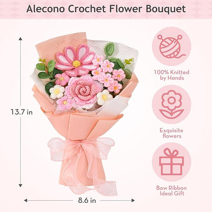 Alecono Crochet Flower Bouquet, Knitted Flowers, Pink Handmade Bouquet of Flowers for Lover Anniversary Birthday Party Mother's Day Graduation Gifts (Include Card)