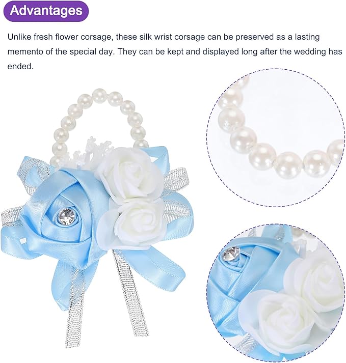 MECCANIXITY Wrist Corsage Artificial Flower Bracelets Rose Wrist Bride Groom Decorative for Wedding Ceremony Prom Party Anniversary Sky Blue