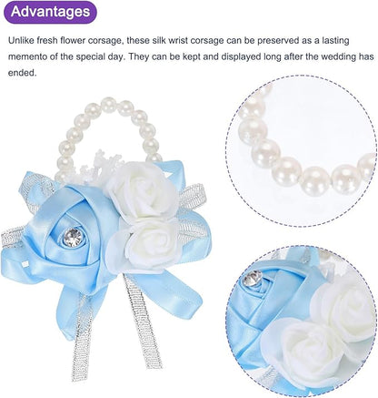 MECCANIXITY 8Pcs Wrist Corsage Artificial Flower Bracelets Rose Wrist Bride Groom Decorative for Wedding Ceremony Prom Party Anniversary Sky Blue