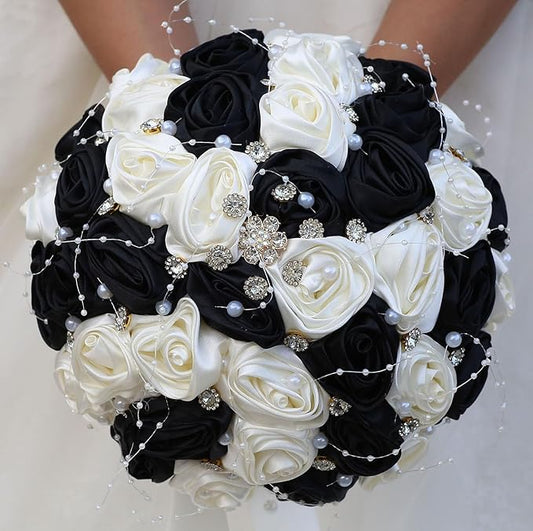 Bridal Wedding Bouquet Round Bling Brooch Bouquet Throw Toss Artificial Rose Flower Bunch for Bride Bridesmaid Wedding Quinceanera(Black & Ivory, 9.8")