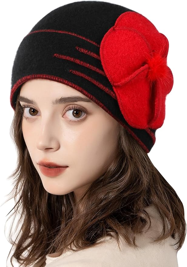 Sumolux Beanie Hats for Women Wool Skull Cap Beret Floral Cuffed French Vintage Dress Cloche Classic Winter 1920s