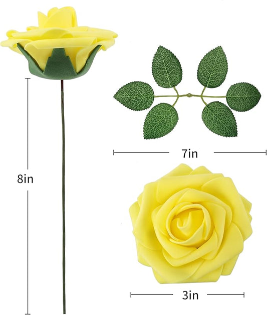 DuHouse 50Pcs Artificial Roses Flowers Fake Roses with Stems Real Touch Foam Flowers for DIY Wedding Bouquet Baby Shower Centerpiece Floral Arrangement Party Home Decor(Yellow)