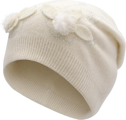 ZLYC Women Floral Slouchy Beanie Hat Double Layer Winter Knit Skull Cap