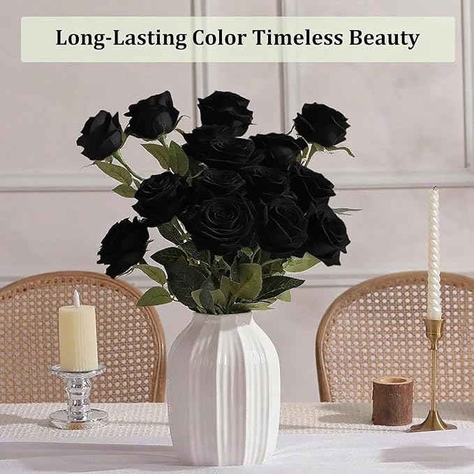 Black Roses Artificial Flowers 15 PCS, Fake Roses Silk Flowers with Long Stems, Faux Rose for Wedding Centerpieces, Home Decor, Indoor Floral Arrangements, Party Decor, DIY Bouquet (Black)