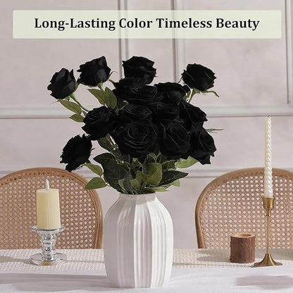 Black Roses Artificial Flowers 15 PCS, Fake Roses Silk Flowers with Long Stems, Faux Rose for Wedding Centerpieces, Home Decor, Indoor Floral Arrangements, Party Decor, DIY Bouquet (Black)
