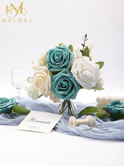 Meldel Artificial Flowers 25pcs Real Looking Dark Teal Foam Fake Roses with Stems for DIY Wedding Bouquets Bridal Shower Centerpieces Floral Arrangements Home Decorations Crafts Rose