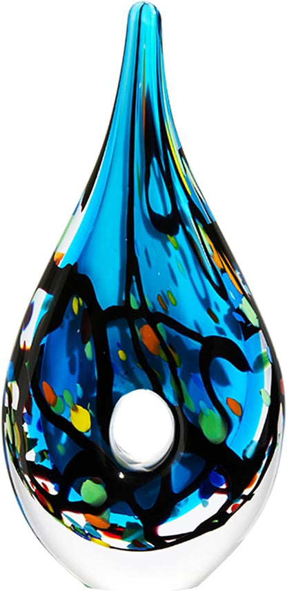 Luxury Lane Hand Blown Abstract Hollow Blue Tear Drop Sommerso Art Glass Sculpture for Home Decor 8.5 inch Tall Centerpiece Table Decoration