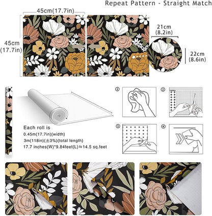 Floral Peel and Stick Wallpaper Black Removable Wallpaper Dark Boho Renter Friendly Textured Wallpapers for Bedroom Stick On Contact Paper for Locker Cabinet 17.5 x 118 in