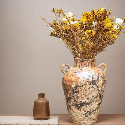 8IN Rustic Farmhouse Ceramic Vase Home Decor, Vintage Stoneware Clay Pottery Terracotta Textured for Modern Farmhouse, Living Room, Office Desk Table Shelf (Gray Black)
