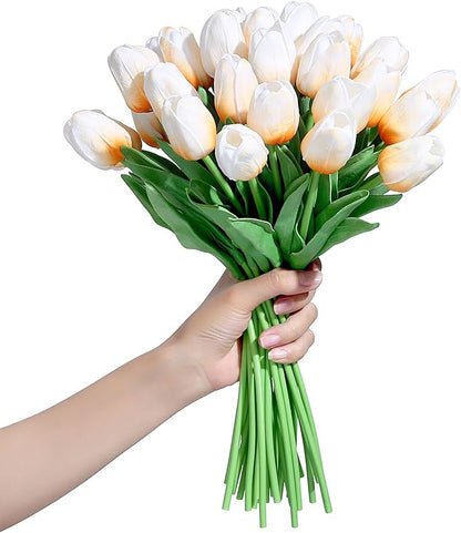 SITUMEIZI 15pcs Tulips Fake Artificial Flowers Real Touch 14" Silk Flower for Home Decor Spring Easter Wedding Bouquet Decorations Floral Arrangements(Light Champagne)