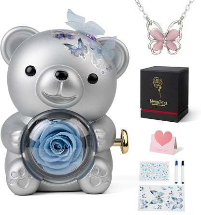 Romantic Teddy Bear with Preserved Rose, DIY Elegant Gift Box with Blue Rose & Butterfly Necklace, Rose Bear for Valentine's Day, Weddings, Mother's Day, Birthday, Christmas, Sliver