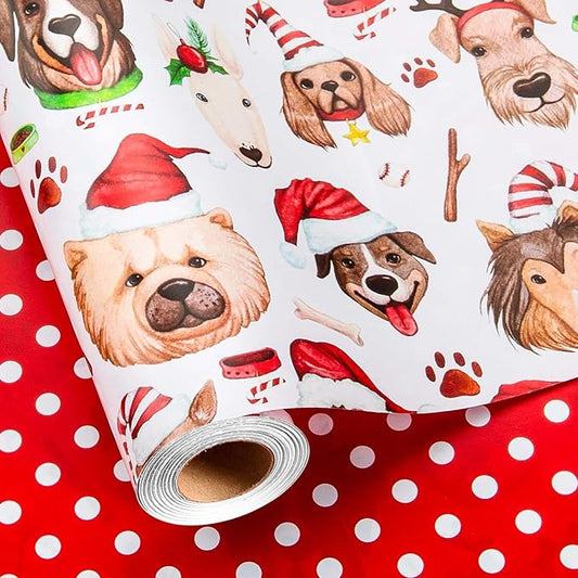 MAYPLUSS Christmas Wrapping Paper Roll - 17 Inch X 33 Feet - Cute Dog Hat Reversible Polka Dot Gift Wrapping Paper, Thick Wrap Paper for Holiday Party New Year Kids