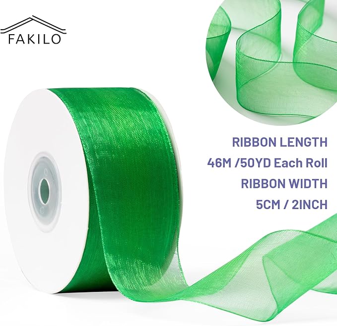 Green Organza Ribbon for Gift Wrapping, FAKILO 2 Inch Shimmer Sheer Wrapping Ribbon for Bouquet, Wedding,Festival - 50 Yards Each Roll
