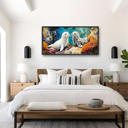 Extra Large Seal Framed Wall Art for Living Room,Oversized Underwater Animal Pictures Wall Decor,Ocean Coral Reef Canvas Print Painting Modern Artwork Bedroom Office Bathroom 60L x 30W