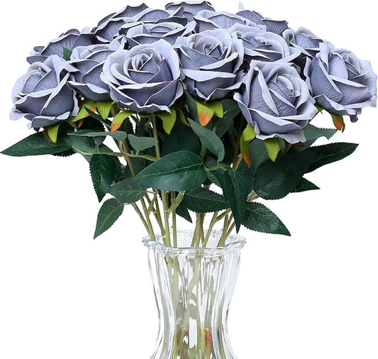 SITUMEIZI 15PCS Artificial Roses Silk Flowers Fake Roses Realistic Bouquet Long Stem with Gift Box for Mother's Gift Day Home Party Wedding Decorations(Silver)