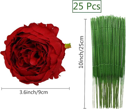 FagusHome 25 Pcs Silk Peony Artificial Flower Heads 4 inch Fake Peony Flowers Heads with Stems Artificial Peony Flower Heads in Bulk Wholesale for Wedding Home Decor (Red)