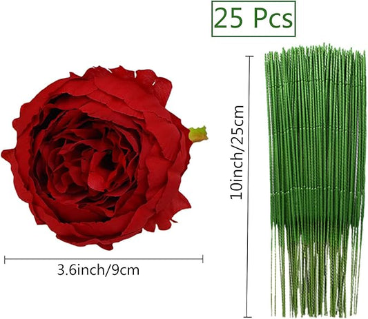 FagusHome 25 Pcs Silk Peony Artificial Flower Heads 4 inch Fake Peony Flowers Heads with Stems Artificial Peony Flower Heads in Bulk Wholesale for Wedding Home Decor (Red)