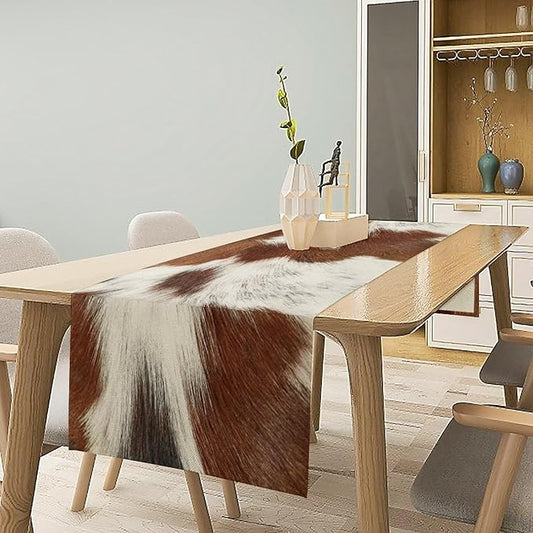 Cow Skin Print Table Runner, Rustic Country Farmhouse Animal Fur Skin Western Farm Dark Brown Cowhide Print Dinner Runner Table Decoration for Home Kitchen Dining 13x108in