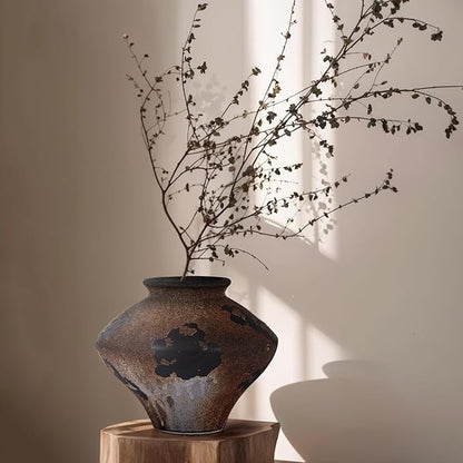Rustic Ceramic Wabi Sabi Vase, 6.7''Vintage Brown Pottery Flower Jar with Wide Mouth, Handmade Distressed Clay Decor for Table Centerpiece, Farmhouse Shelf, Entryway or Mantel