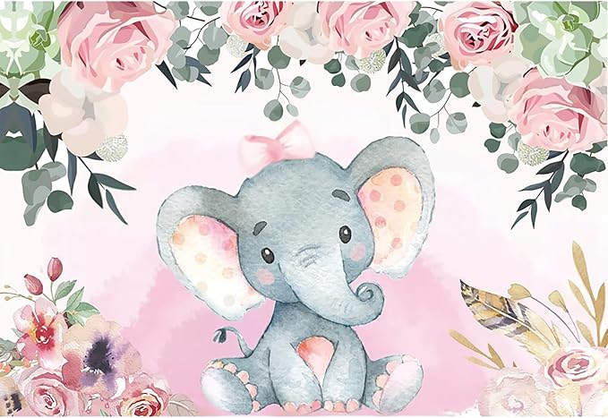 AOFOTO 10x6.5ft Pink Flowers Elephant Baby Shower Backdrop for Girl Sweet Floral Gender Reveal Background for Photography Kids Infant Birthday Party Banner Cake Table Decoration Photo Studio Props