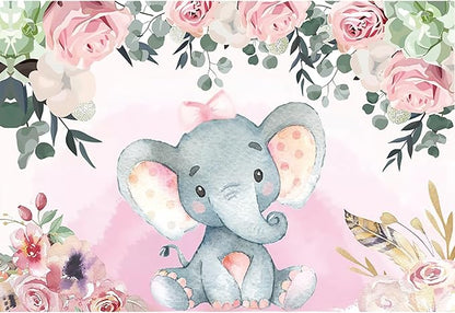 AOFOTO 15x10ft Pink Flowers Elephant Baby Shower Backdrop for Girl Sweet Floral Gender Reveal Background for Photography Kids Infant Birthday Party Banner Cake Table Decoration Photo Studio Props