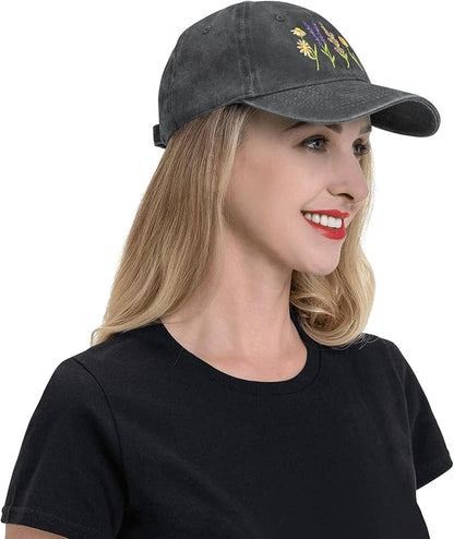 Cute Flower Hat, Elegant Floral Embroidered Adjustable Baseball Cap for Men Women, Gifts for Flower Lovers, Black