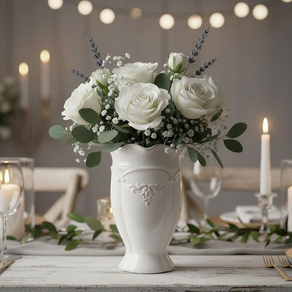 hjn White Ceramic Vase- French Flower Vase for Decor Small Vintage Vases for Flowers/Home Decoration/Kitchen/Table/Living Room/Shelf/Mantel/Office-Height-6.8"