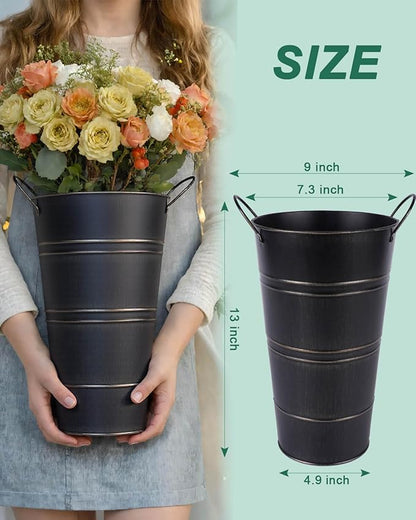 12 Inch Galvanized Metal Vases for Flowers - 2 Pcs Farmhouse Decorative Tall Flower Bucket with Handles, Rustic French Tin Planter Buckets for Wedding Decor (Black)