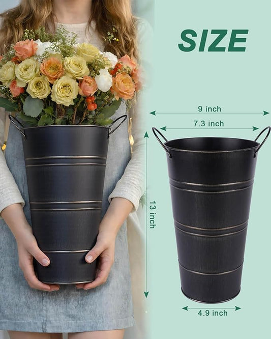 12 Inch Galvanized Metal Vases for Flowers - 6 Pcs Farmhouse Decorative Tall Flower Bucket with Handles, Rustic French Tin Planter Buckets for Wedding Decor (Black)