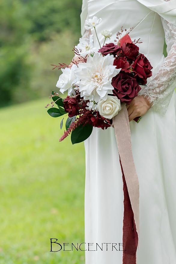 10 Inch Burgundy&White Bridal Bouquet,Bride Bouquets for Wedding Ceremony Anniversary, Party and French Rustic Vintage Wedding,Gothic Wedding,Artificial Flowers