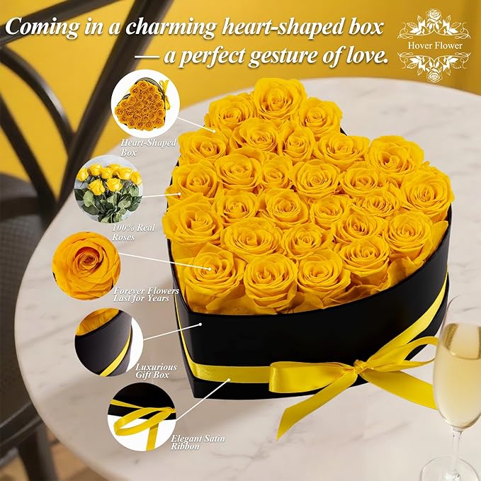 27 Forver Preserved Flowers in a Heart Box, Flowers for Her,Eternal Roses Flowers for Delivery Prime, Flowers Birthday Gifts for Women Mom Grandma Wife - Yellow