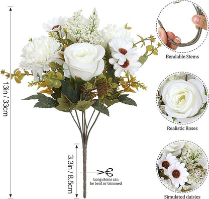 Dremisland Artificial Flowers Like Real Artificial Bouquet 4 Packs Silk Artificial Roses Bouquet with Daisy Chrysanthemum White Flowers for Centerpiece Table Wedding Party Home Decor
