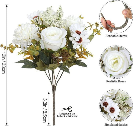 Dremisland Artificial Flowers Like Real Artificial Bouquet 4 Packs Silk Artificial Roses Bouquet with Daisy Chrysanthemum White Flowers for Centerpiece Table Wedding Party Home Decor